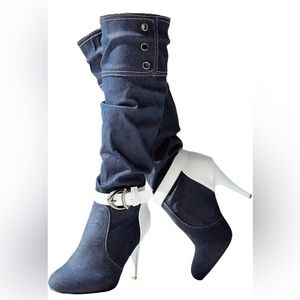 NWOT Stylish Denim and White Heeled Boots
